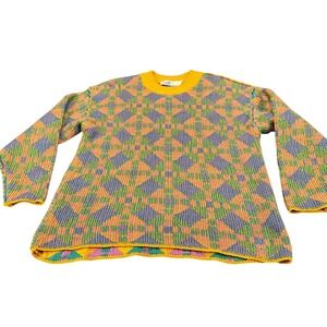 FP Beach Free People Multicolor Geometric Argyle Knit Sweater XS Oversized